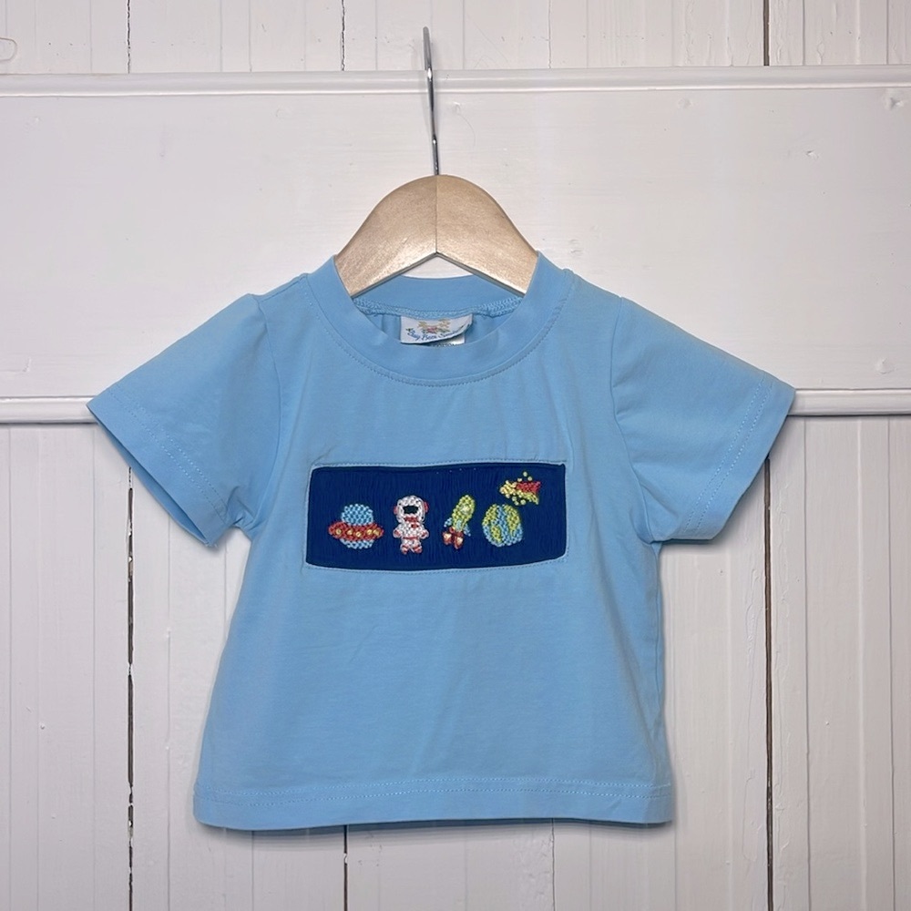 BUSY BEE SMOCKS EUC Boys Smocked Space Astronaut Short Sleeve Shirt
